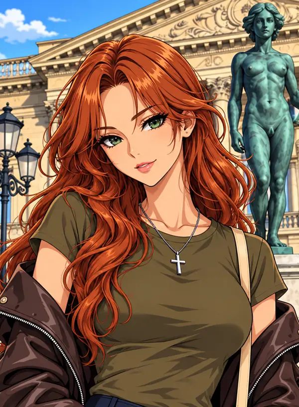 茶色のジャケットを着た赤毛の成人女性の架空キャラクターのAIアニメイラスト