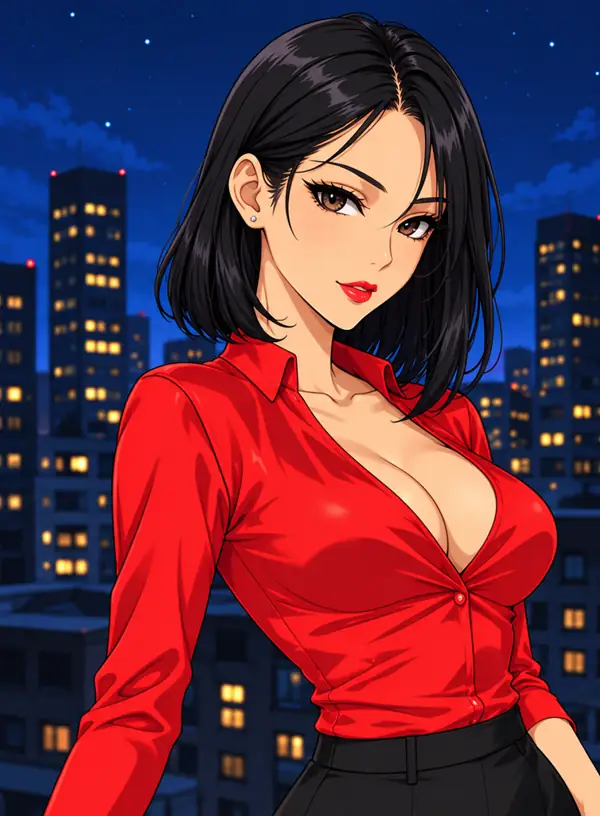 赤いブラウスを着た成人女性の架空キャラクターのAIアニメイラスト