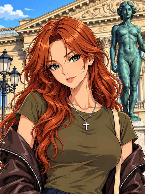 街を背景に茶色のジャケットを着た赤毛の成人女性の架空キャラクターのAIアニメイラスト