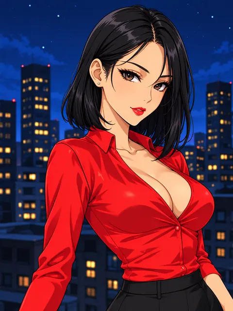 夜景を背景に赤いブラウスを着た成人女性の架空キャラクターのAIアニメイラスト