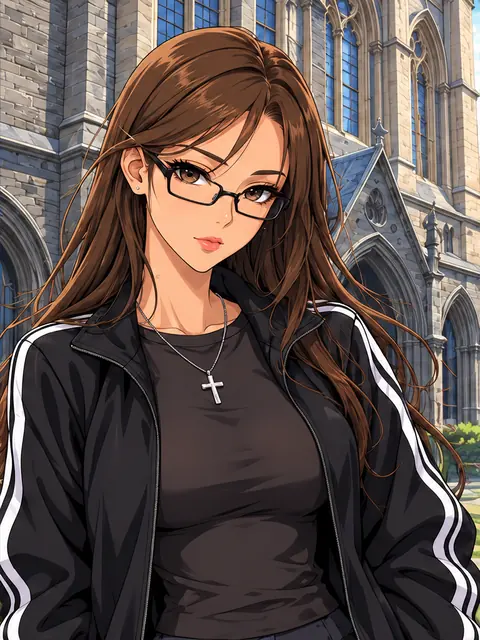 黒いジャケットと眼鏡を着用した成人女性の架空キャラクターのAIアニメイラスト