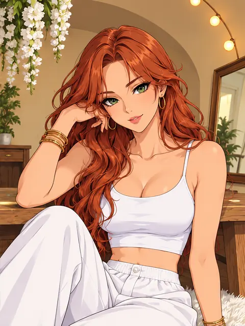 白い衣服を着て室内に座る赤毛の成人女性の架空キャラクターのAIアニメイラスト