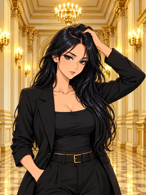黒いジャケットを着た黒髪の成人女性の架空キャラクターのAIアニメイラスト