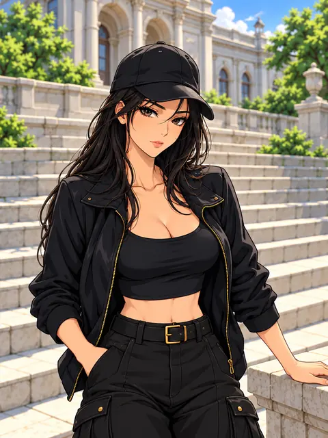 黒い帽子とジャケットを着用した成人女性の架空キャラクターのAIアニメイラスト
