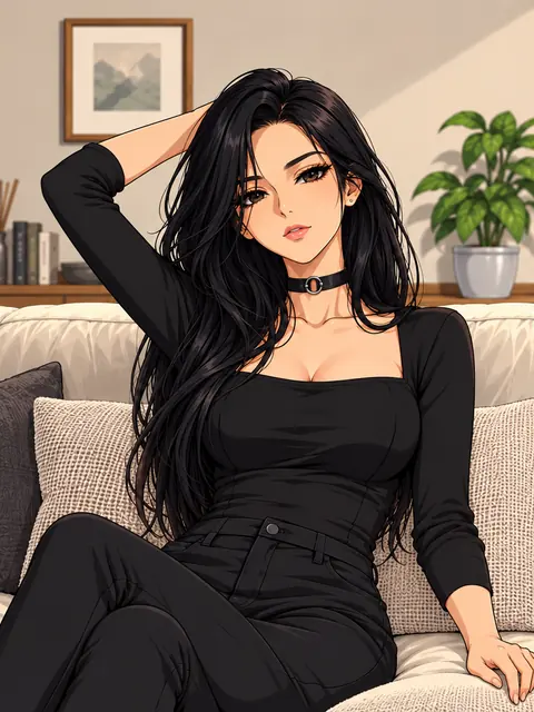 黒い衣服を着て室内に座る成人女性の架空キャラクターのAIアニメイラスト